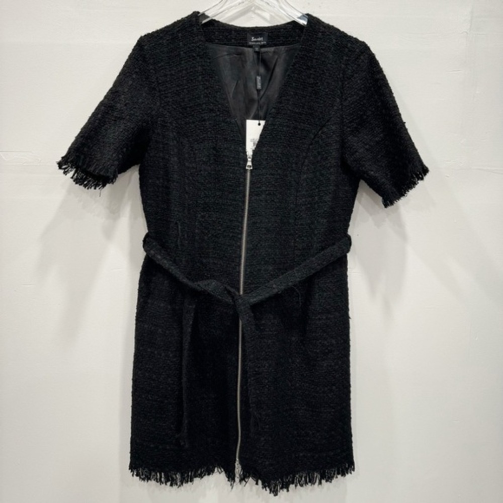 Bardot Boucle Zip Dress Short Sleeve V-Neck Fringe Hem Size 10 Large